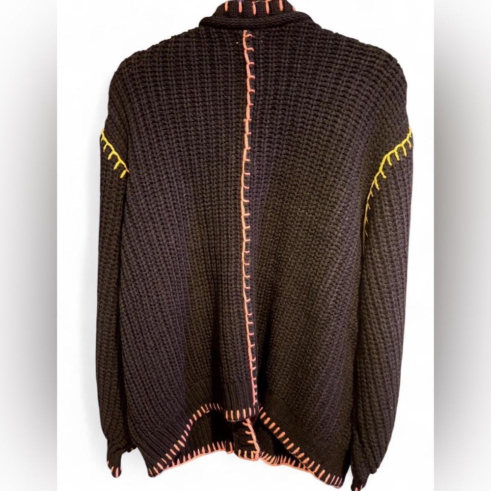 POL Medium Black Chunky Knit Crochet Cardigan Pink & Yellow Whip Stitching NWOT - Picture 9 of 10